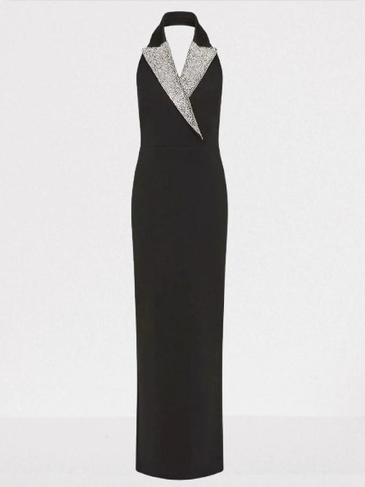 Black Velvet Rhinestone-Lapel Halterneck Gown - Small - Dresses