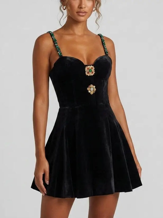 Black Velvet Rhinestone Strap Fit and Flare Mini Dress - S - Dresses