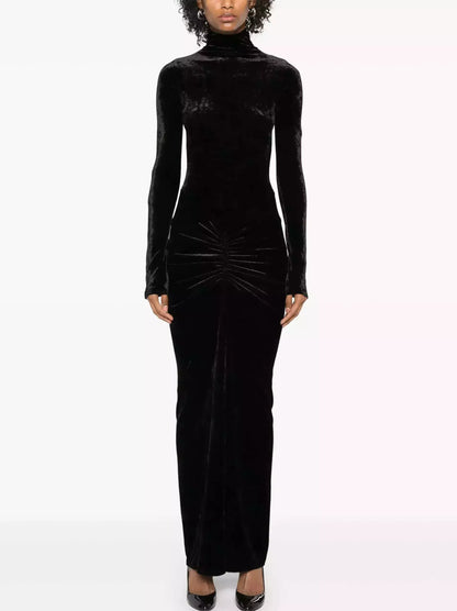 Black Velvet Ruched Long Dress - Small - Dresses
