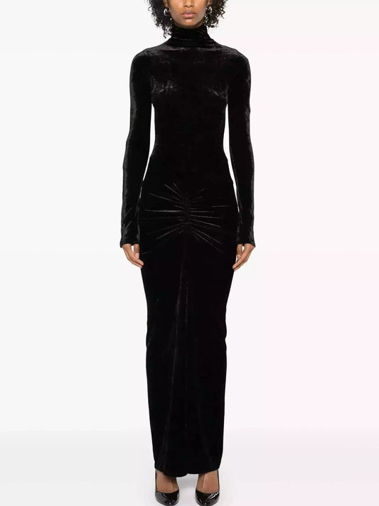 Black Velvet Ruched Long Dress - Small - Dresses