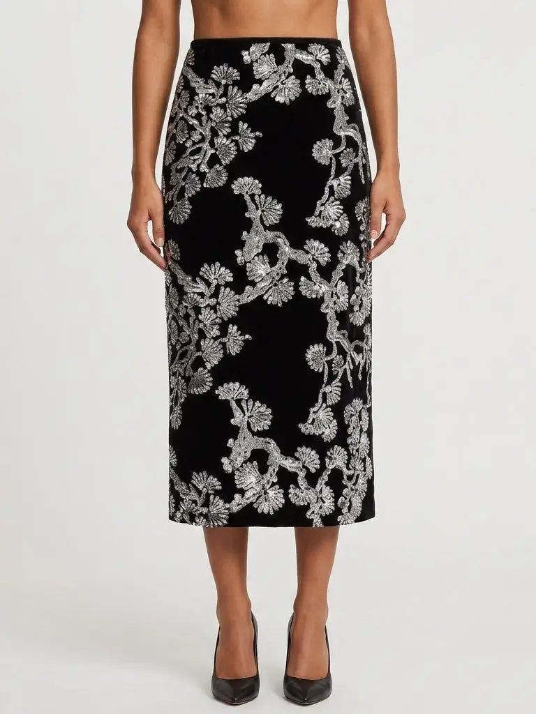 Black Velvet Silver Sequin Embroidered Midi Skirt - S - Skirts