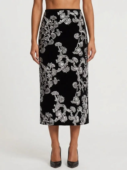 Black Velvet Silver Sequin Embroidered Midi Skirt - S - Skirts