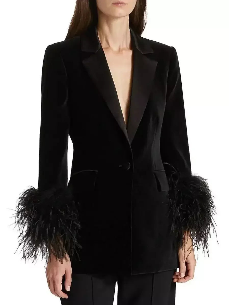 Black Velvet Single-Breasted Feather-Cuff Blazer - S - Jackets