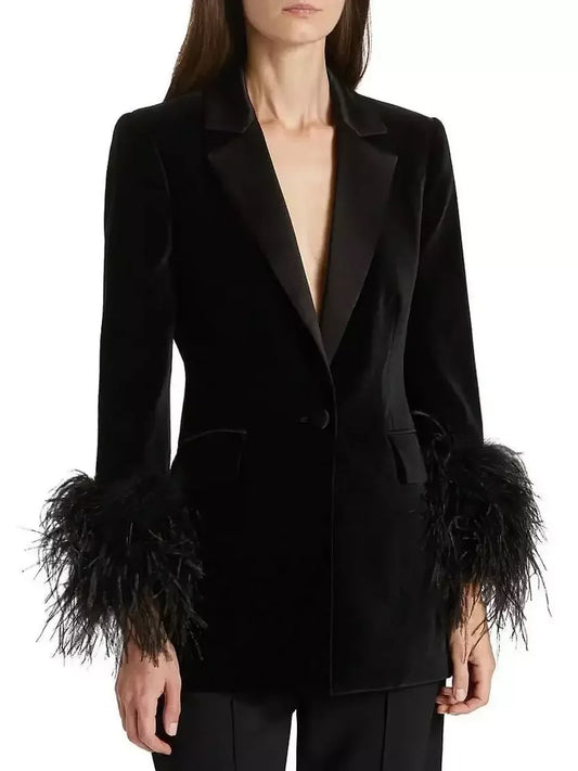 Black Velvet Single-Breasted Feather-Cuff Blazer - S - Jackets