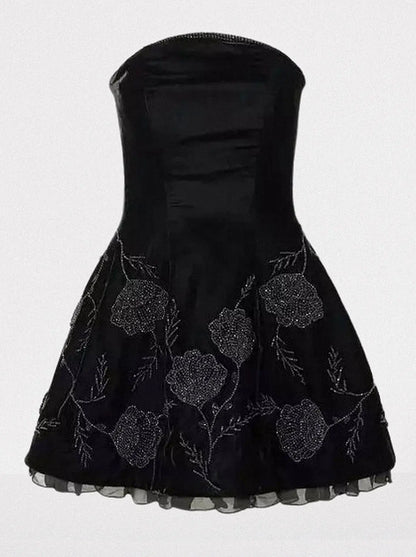 Black Velvet Strapless Embellished Lace-Up Dress - Small - Dresses