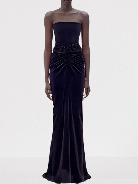 Black Velvet Strapless Gathered Gown - S - Dresses