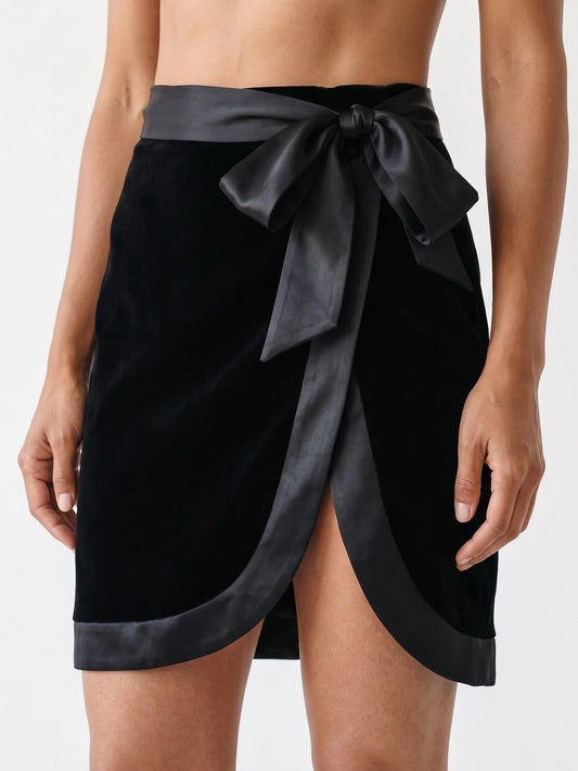 Black Velvet Wrap Mini Skirt with Satin Trim - Small - Skirts