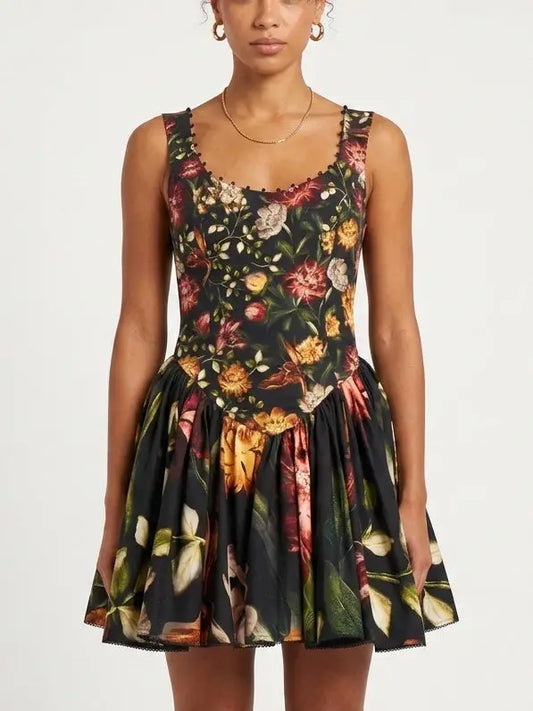 Black Vintage Floral Scoop Neck Mini Dress - S - Dresses
