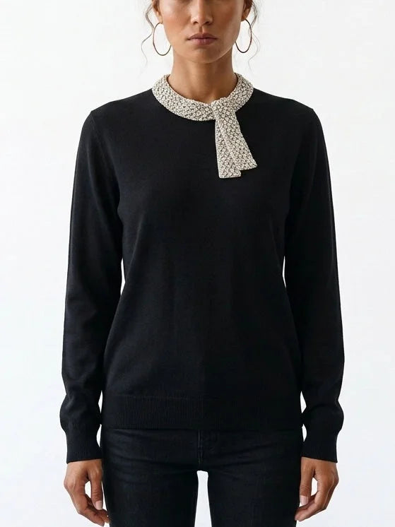 Black Virgin Wool Sweater with Crystal Embellished Collar - Small - Sweaters & Knitwear