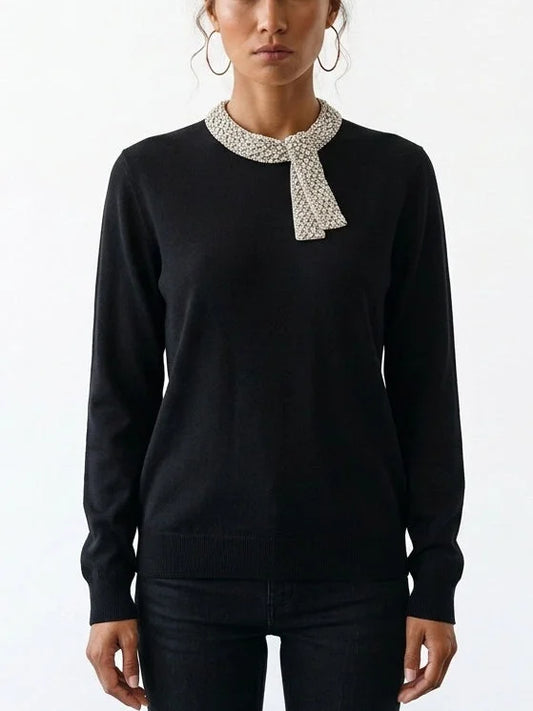 Black Virgin Wool Sweater with Crystal Embellished Collar - Small - Sweaters & Knitwear