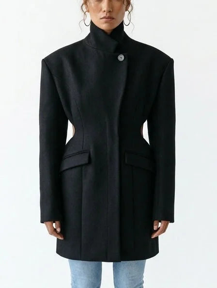 Black Wool-Blend Structured Coat with Cinched Waist - Small - Coats
