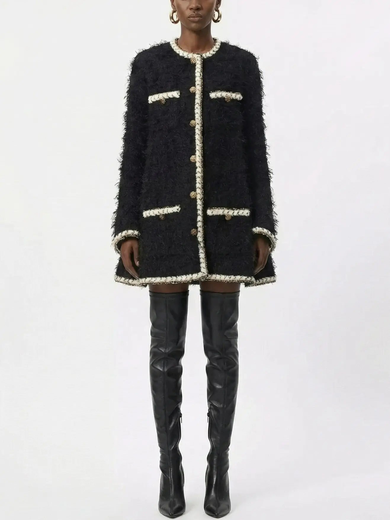 Black Wool-Blend Tweed Coat with Contrasting Trim - Small - Coats