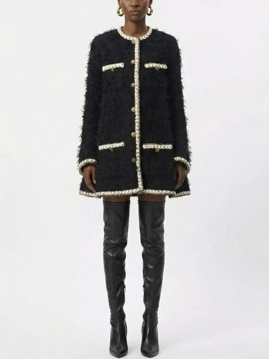 Black Wool-Blend Tweed Coat with Contrasting Trim - Small - Coats