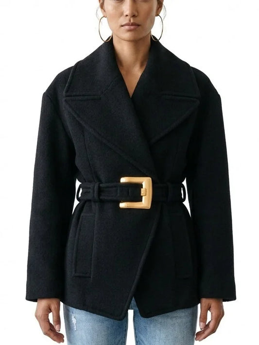 Black Wool Belted Jacket with Gold Buckle - Small - Jackets