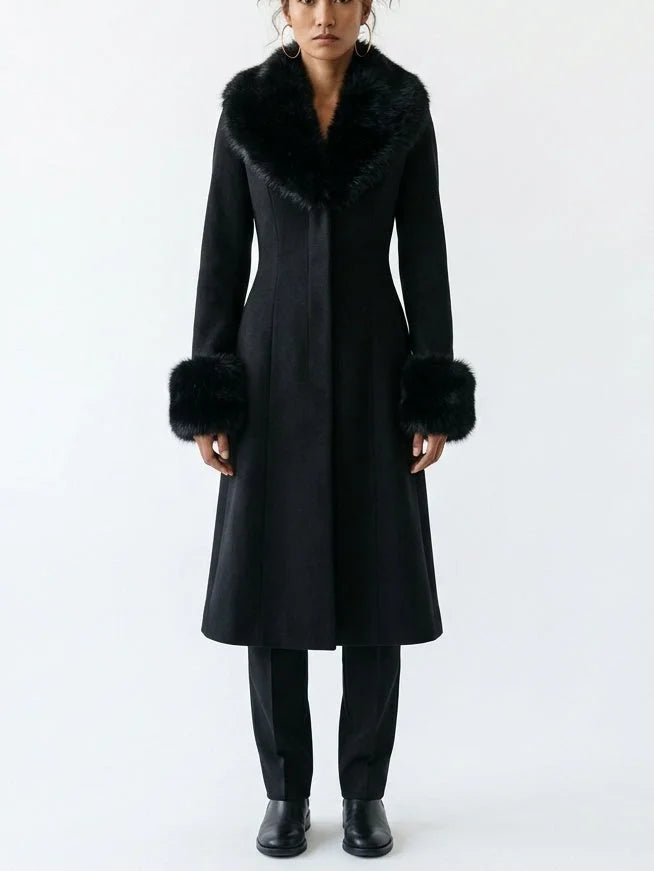 Black Wool Blend Coat with Faux Fur Collar and Cuffs - Small - Coats