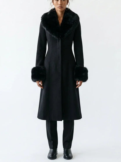 Black Wool Blend Coat with Faux Fur Collar and Cuffs - Small - Coats