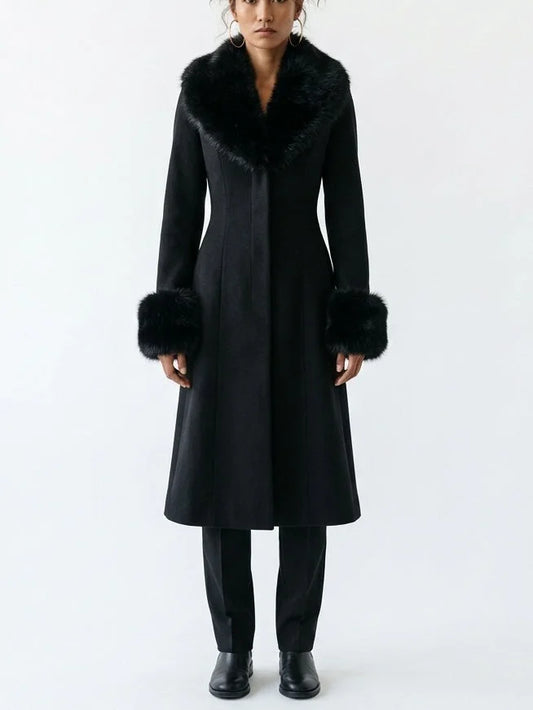 Black Wool Blend Coat with Faux Fur Collar and Cuffs - Small - Coats