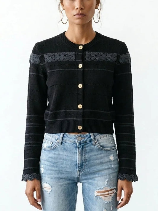 Black Wool Blend Lace Insert Cropped Cardigan - Small - Sweaters & Knitwear