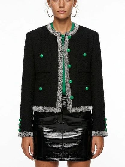 Black Wool Blend Tweed Jacket with Beaded Trim - Small - Jackets