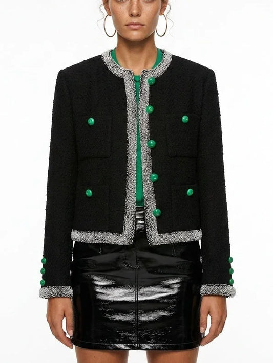 Black Wool Blend Tweed Jacket with Beaded Trim - Small - Jackets