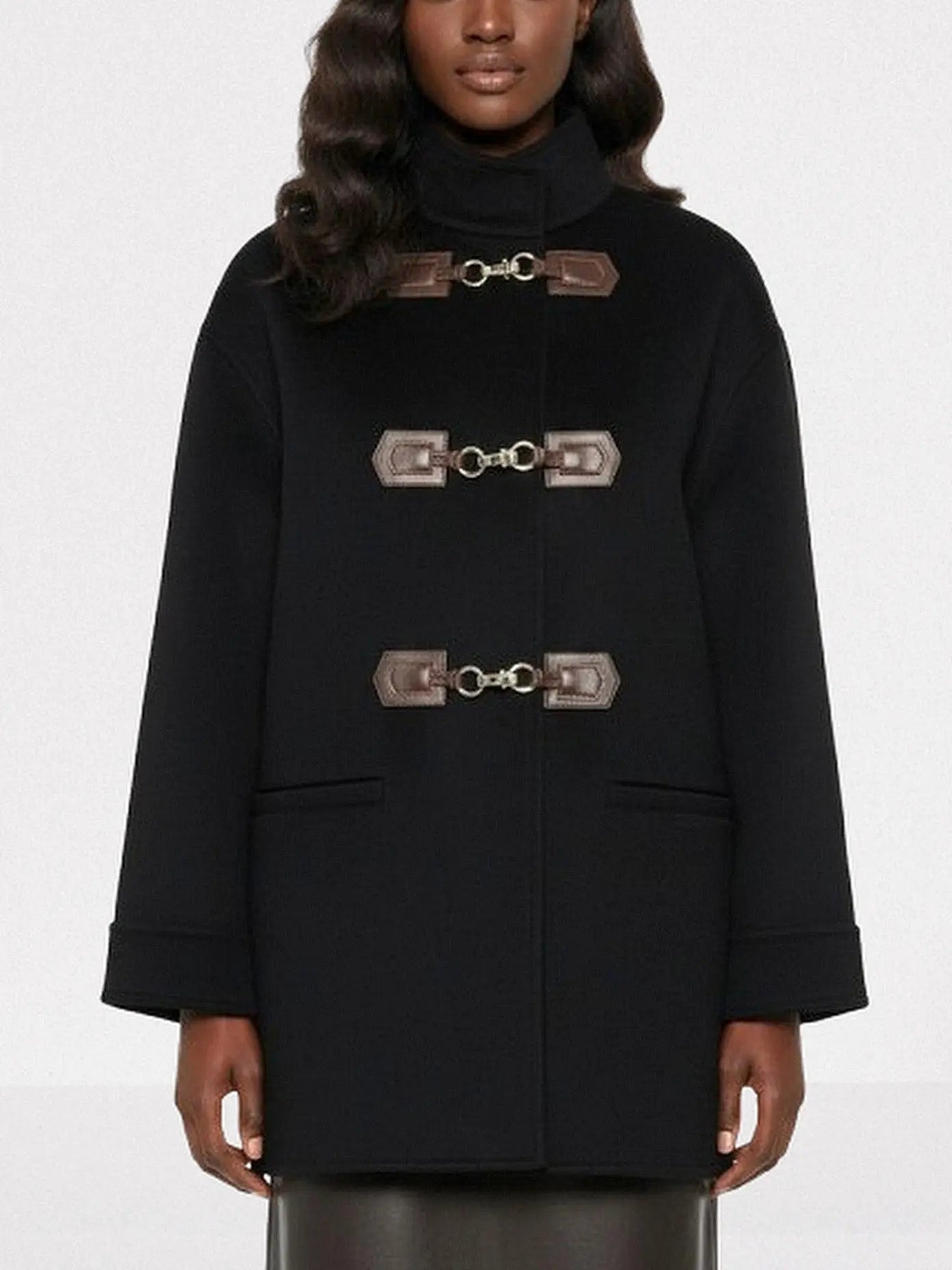 Black Wool Coat with Gold-Clasp Leather Tab Closures - Small - Coats