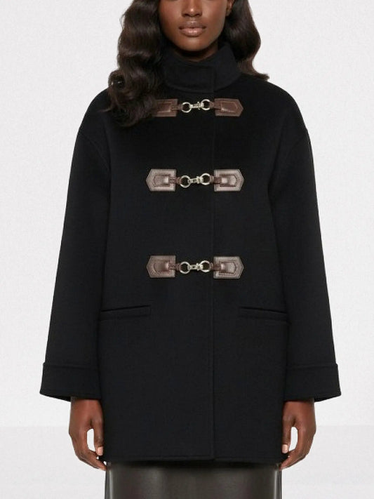 Black Wool Coat with Gold-Clasp Leather Tab Closures - Small - Coats