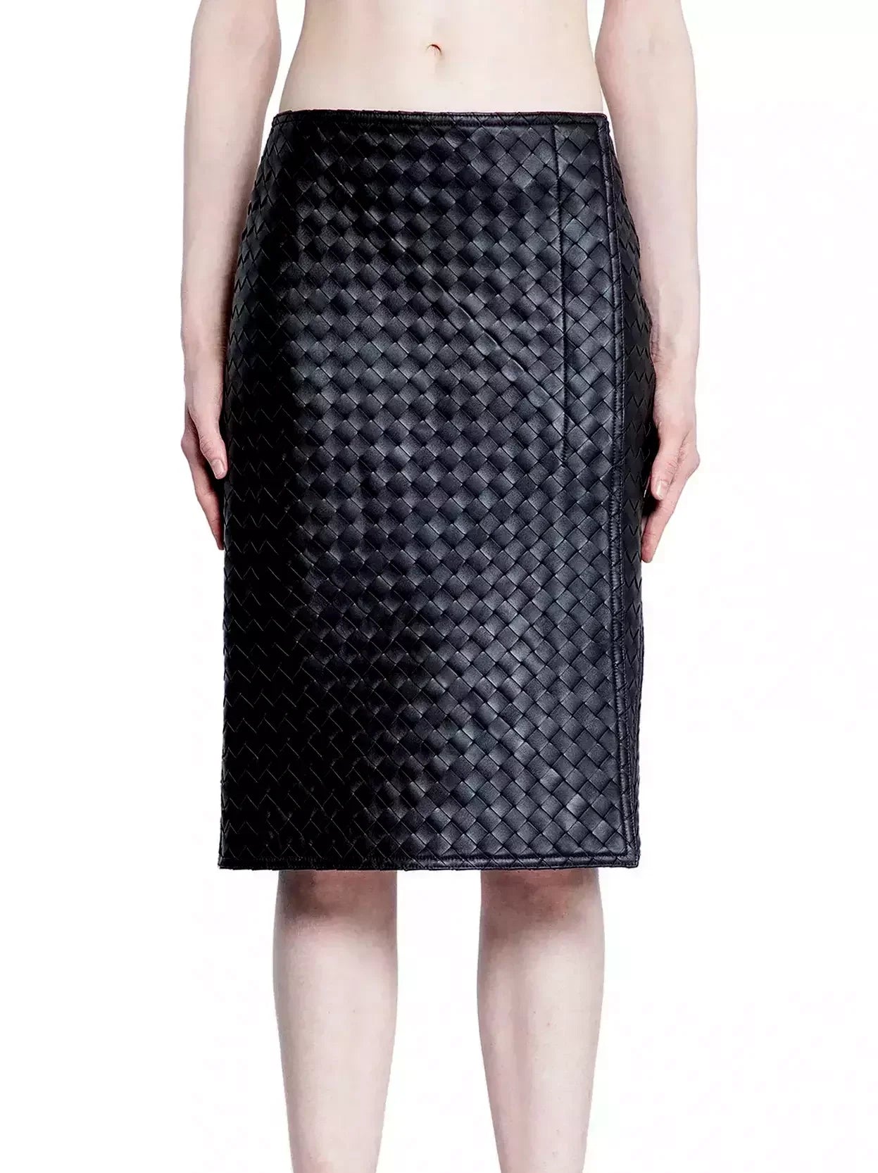 Black Woven Leather Knee-Length Skirt - Small - Skirts