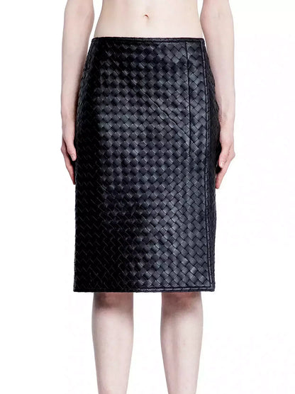Black Woven Leather Knee-Length Skirt - Small - Skirts