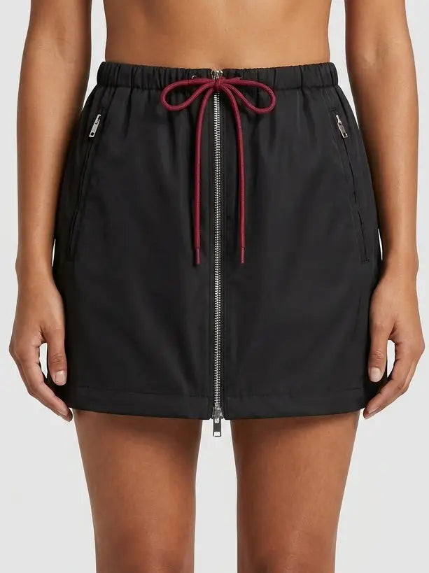 Black Zip Front Drawstring Mini Skirt - Skirts