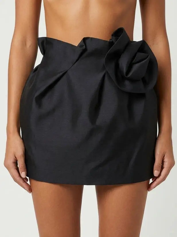 Black 3D Flower Detail Mini Skirt - Skirts