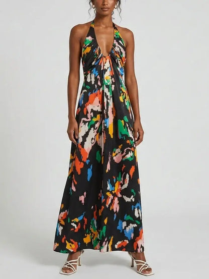 Black Abstract Print Cotton Halter Maxi Dress - Dresses