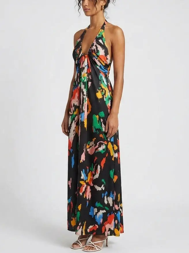 Black Abstract Print Cotton Halter Maxi Dress - Dresses