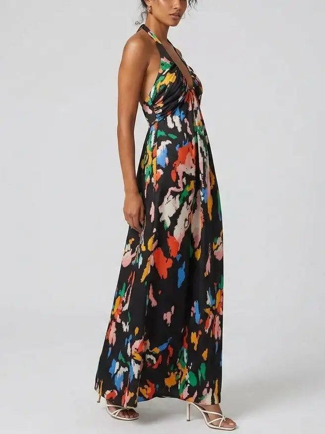 Black Abstract Print Cotton Halter Maxi Dress - Dresses