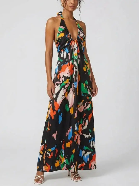 Black Abstract Print Cotton Halter Maxi Dress - Dresses