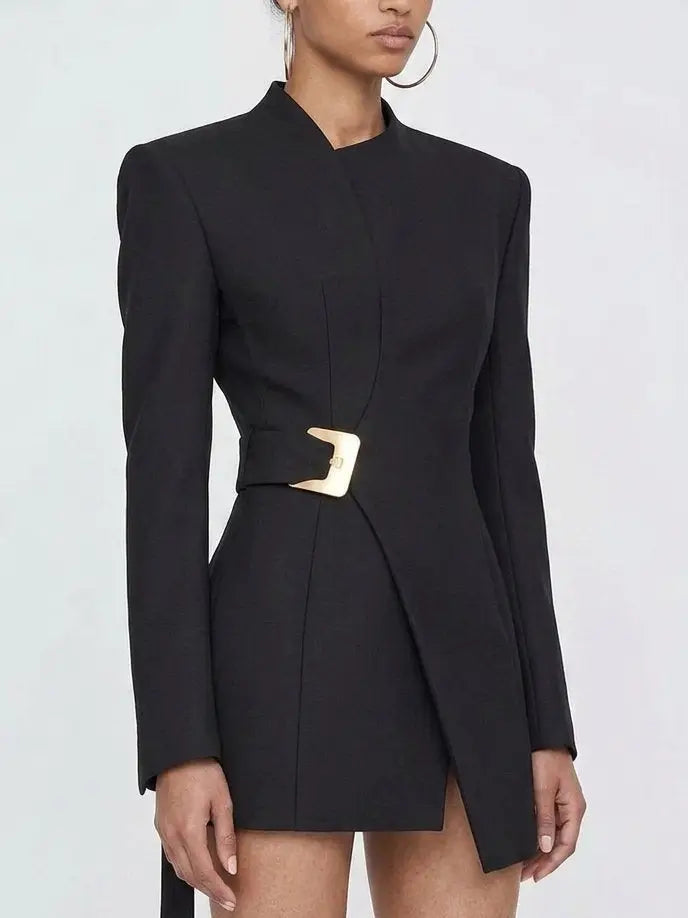 Black Asymmetric Belted Jacket with Gold Buckle - Jackets
