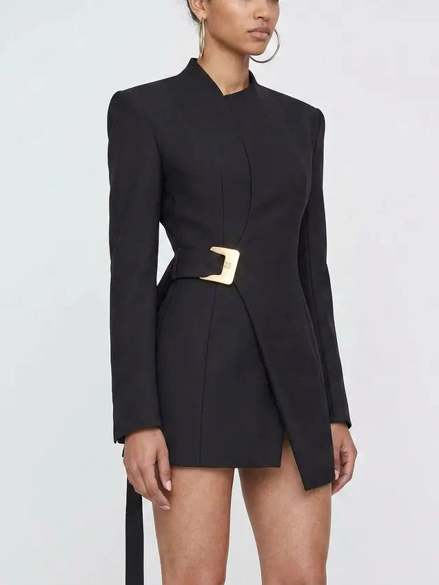 Black Asymmetric Belted Jacket with Gold Buckle - Jackets