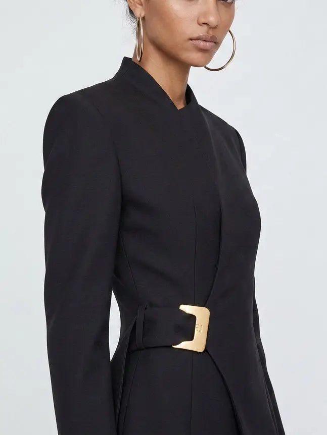 Black Asymmetric Belted Jacket with Gold Buckle - Jackets