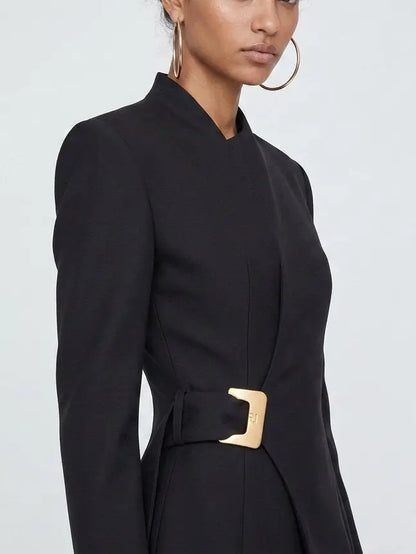 Black Asymmetric Belted Jacket with Gold Buckle - Jackets