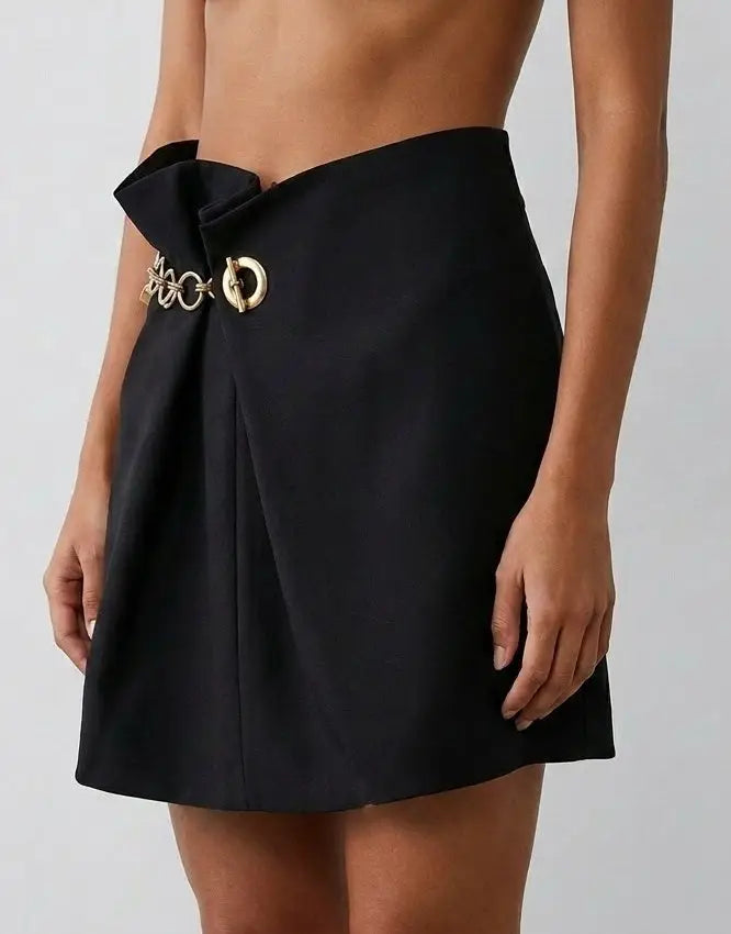 Black Asymmetrical Chain Detail Mini Skirt - Skirts