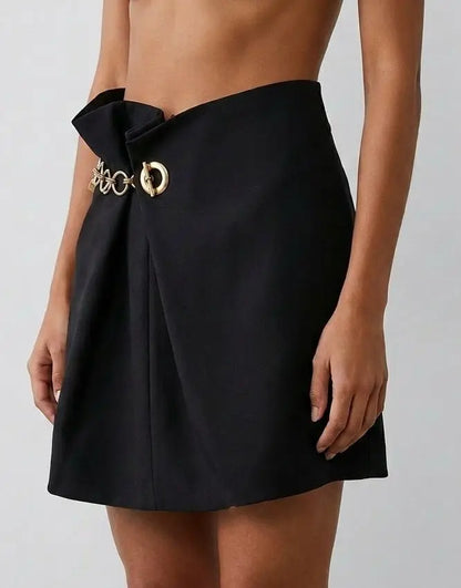Black Asymmetrical Chain Detail Mini Skirt - Skirts