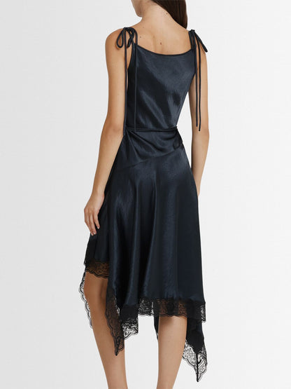Black Asymmetrical Sleeveless Satin and Lace-Trim Dress