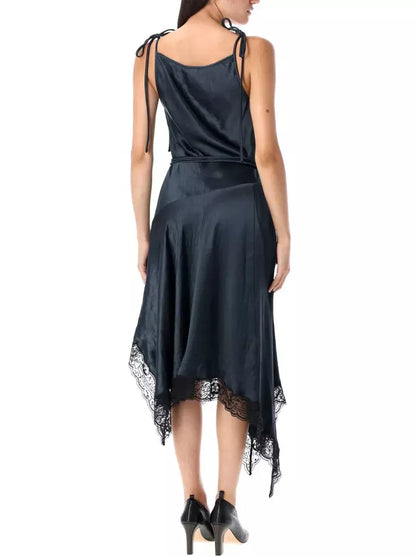 Black Asymmetrical Sleeveless Satin and Lace-Trim Dress