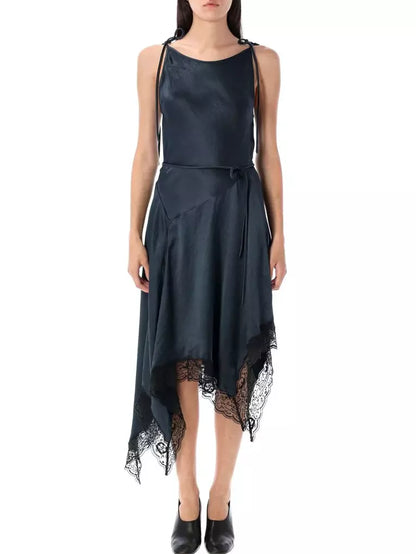 Black Asymmetrical Sleeveless Satin and Lace-Trim Dress