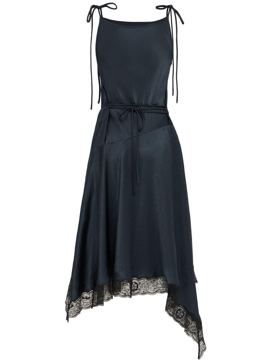 Black Asymmetrical Sleeveless Satin and Lace-Trim Dress