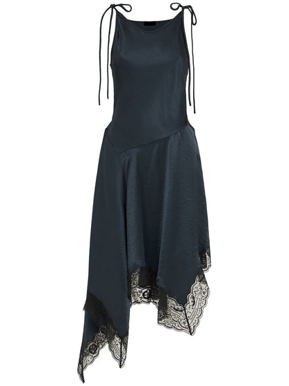 Black Asymmetrical Sleeveless Satin and Lace-Trim Dress