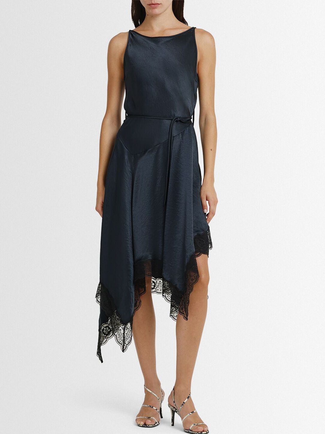 Black Asymmetrical Satin Wrap Dress with Lace Trim