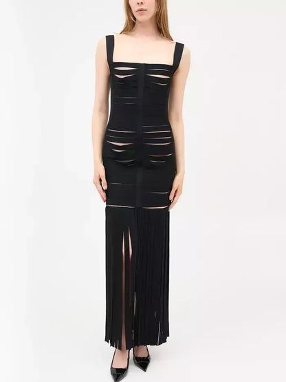 Black Bandage Banded Fringed Maxi Dress Dresses