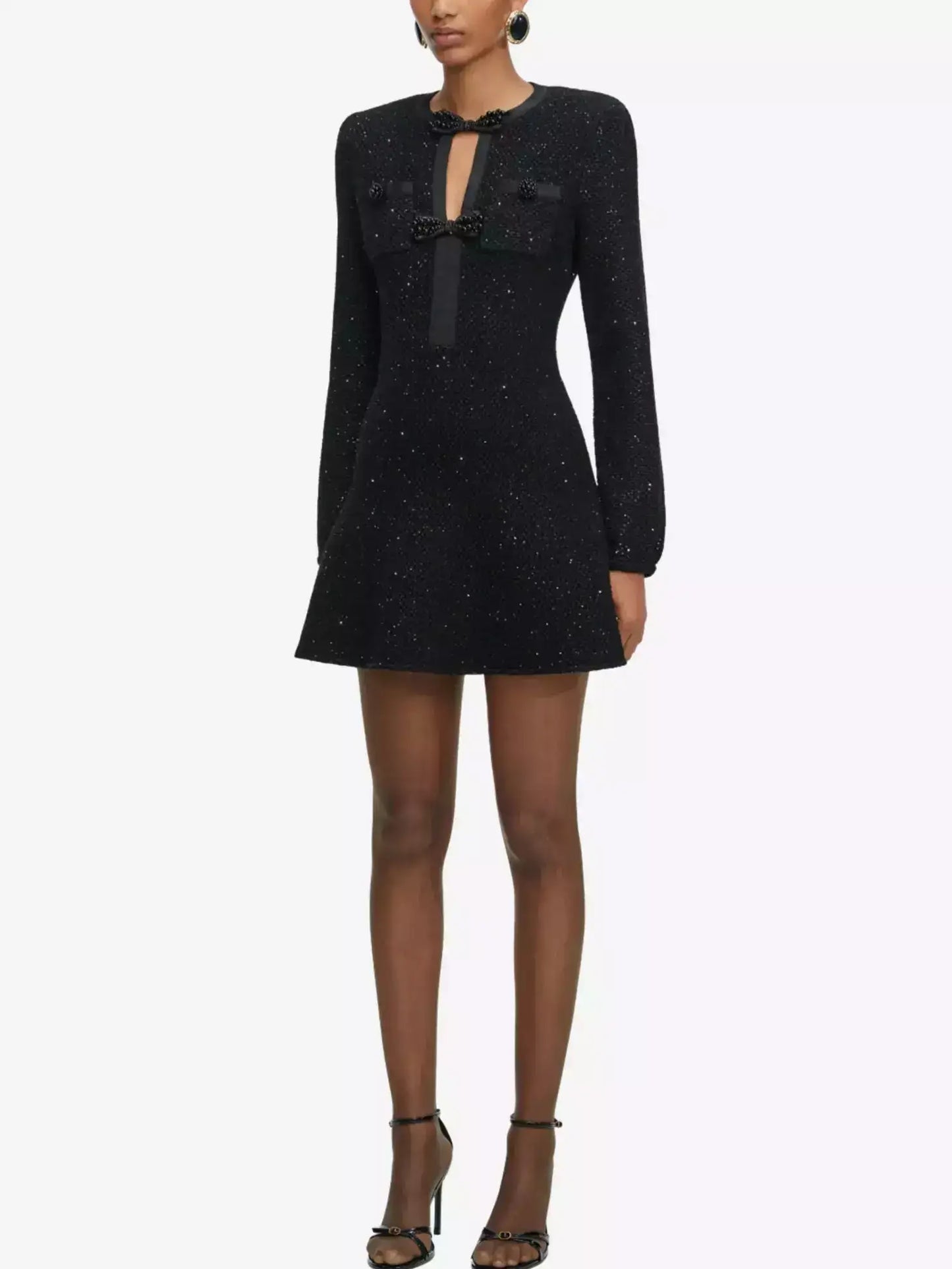 Black Beaded Bow Knit Tweed Mini Dress - Dresses