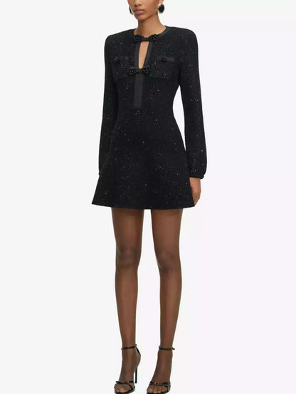 Black Beaded Bow Knit Tweed Mini Dress - Dresses