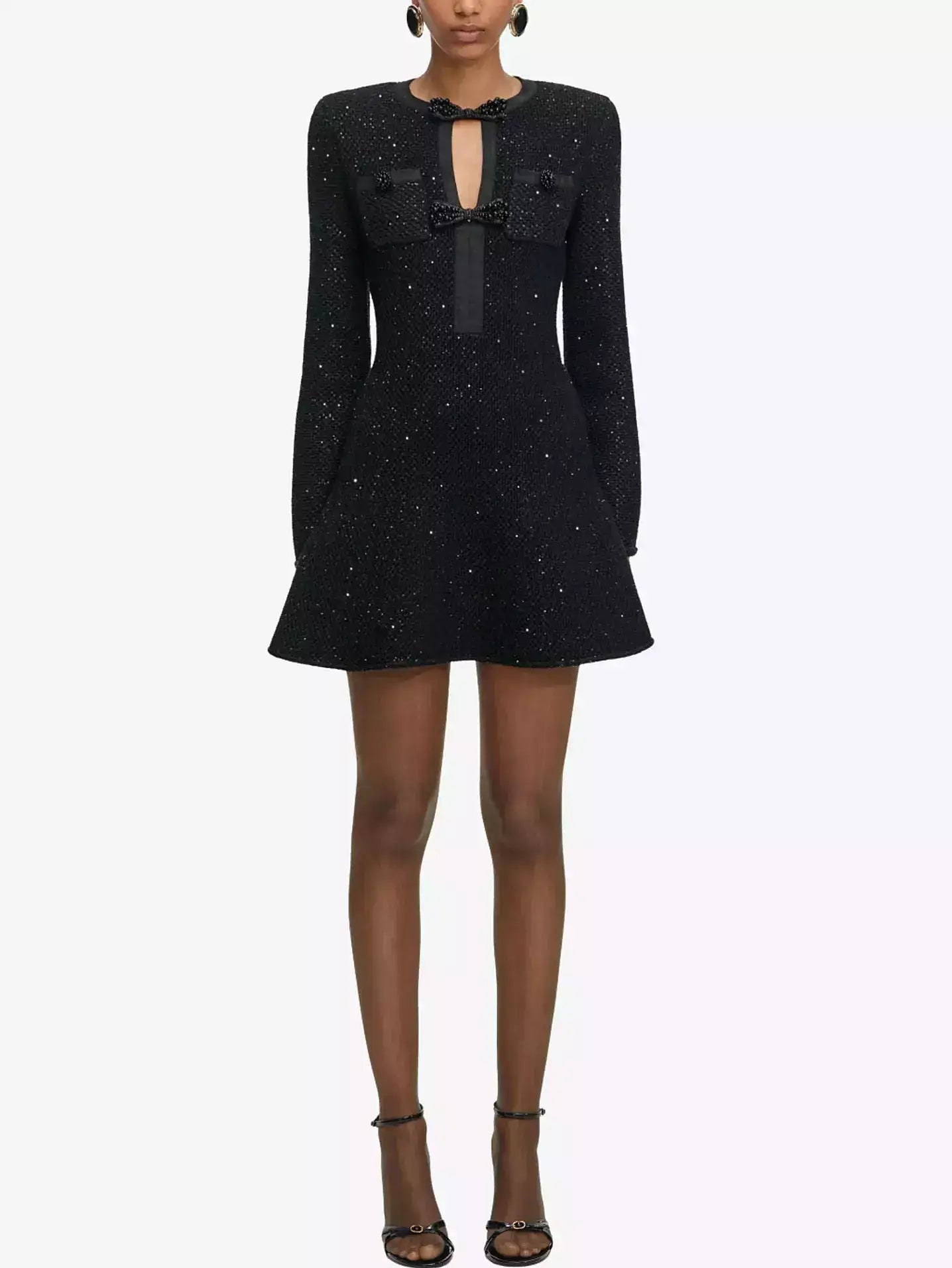 Black Beaded Bow Knit Tweed Mini Dress - Dresses